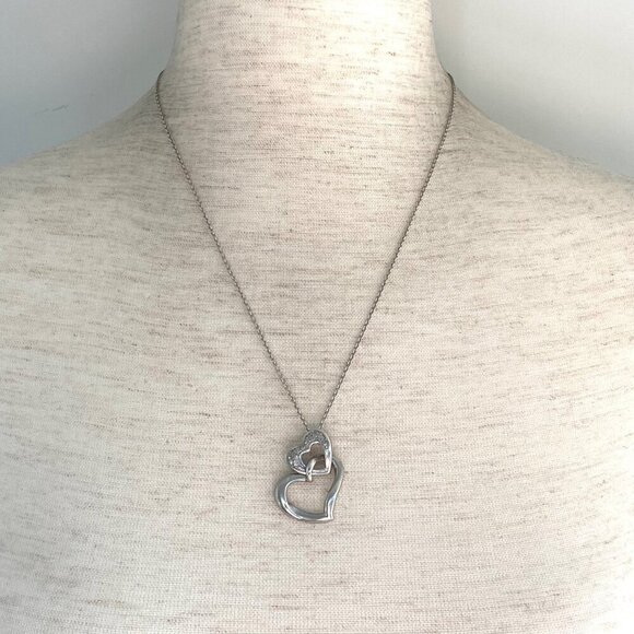 Sterling Silver 925 HOB Double Open Heart Pave Diamond Necklace 19.5" Chain - Picture 2 of 16